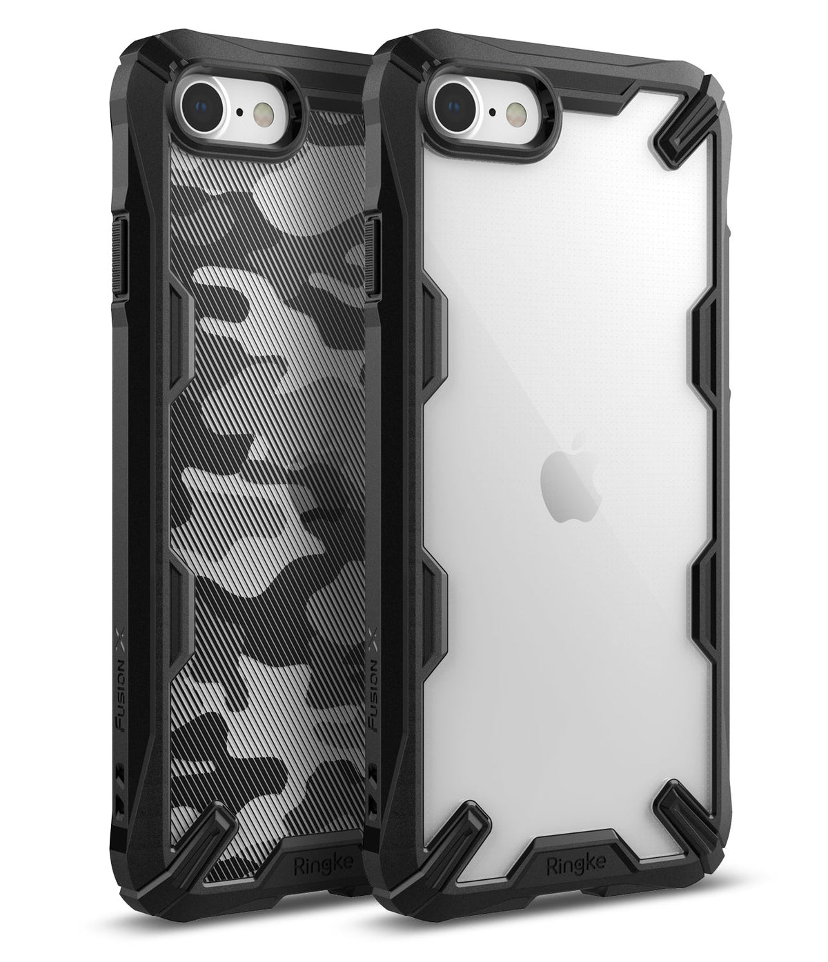 iPhone SE 2022 5G / SE 2020 / 8 Case | Fusion-X - Two rugged black phone cases, one with camo pattern, one clear.