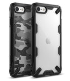 iPhone SE 2022 5G / SE 2020 / 8 Case | Fusion-X - Two rugged black phone cases, one with camo pattern, one clear.