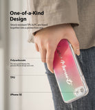 iPhone SE 2022 5G / SE 2020 Case | Fusion Design - Hand holding a phone case with a pink-to-green gradient and text.