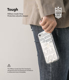 iPhone SE 2022 5G / SE 2020 Case | Fusion Design - Hand holding a clear phone case with large white text over a white phone.