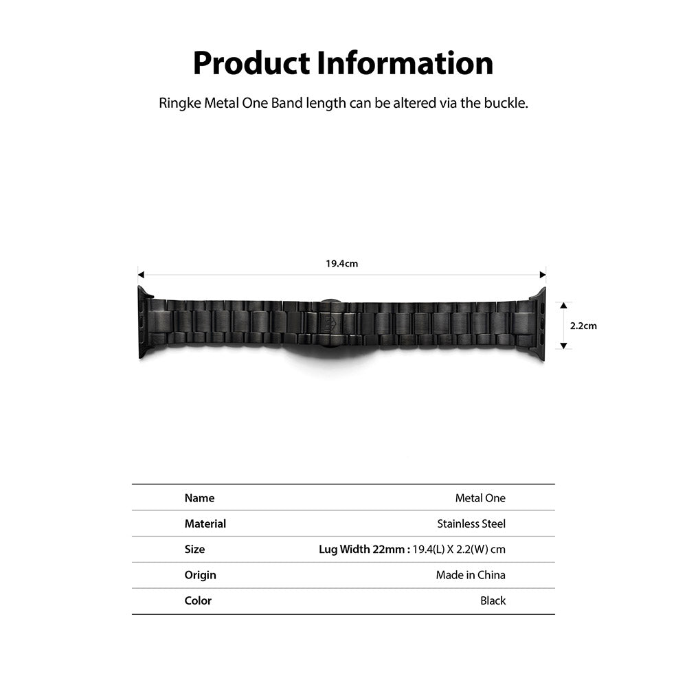 Apple Watch 49·46·45·44·42 mm | Metal One Band - Technical diagram showing a black stainless steel watch band dimensions.