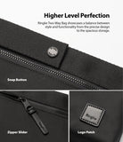 2-Way Bag - Close-up of black bag details including a Ringke snap button, branded zipper slider, and square logo patch.