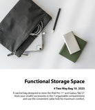 2-Way Bag - A black bag containing a tablet and cables, with a stylus, power bank, and notebook on a white surface.