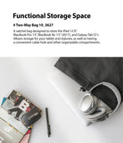 2-Way Bag - A black bag containing a laptop, headphones, mouse, and pen on a white surface with a magazine.