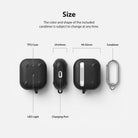 AirPods 3 Case | Onyx - Dimensional diagram of black TPU AirPods 3 case with labeled LED, charging port, and silver carabiner.