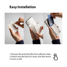 Card Holder | Slot [Solid - 2 Cards] [1 Pack] - Three-step visual guide showing adhesive removal, attachment to phone, and card insertion.