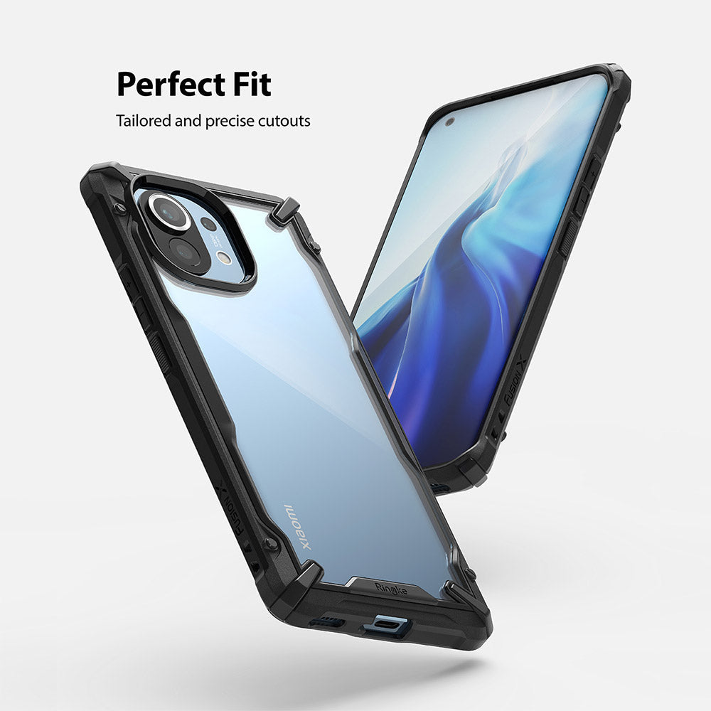 Mi 11 Case | Fusion-X - A clear Mi 11 phone case with a black bumper frame shown from front and back angles.