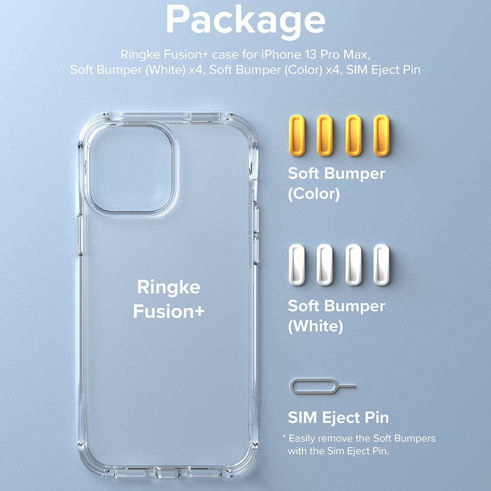 iPhone 13 Pro Max Case | Fusion Plus - Clear phone case, colored and white bumper inserts, and a SIM eject tool.