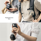 Mini Pouch | Block - Three views of small zippered pouches in clear, beige, and black attached to bags and phones via clips.