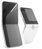 Galaxy Z Flip 7 FE | 3-in-1 Protector - Foldable phone with clear screen, hinge, and camera lens protectors being applied.