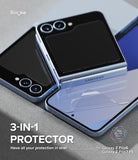 Galaxy Z Flip 7 FE | 3-in-1 Protector - Two light blue foldable phones with clear screen protectors being applied.