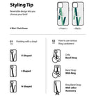 Ring Band Strap - Infographic showing reversible mint and dark green phone strap styles, V/I/N configurations, and usage.