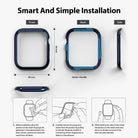 Apple Watch Series 6 / 5 / 4 / SE (44mm) | Bezel Styling - Diagrams showing dimensions and three-step installation guide.