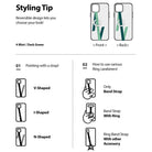Ring Band Strap - Infographic showing reversible mint and dark green phone strap styles, configurations, and usage methods.