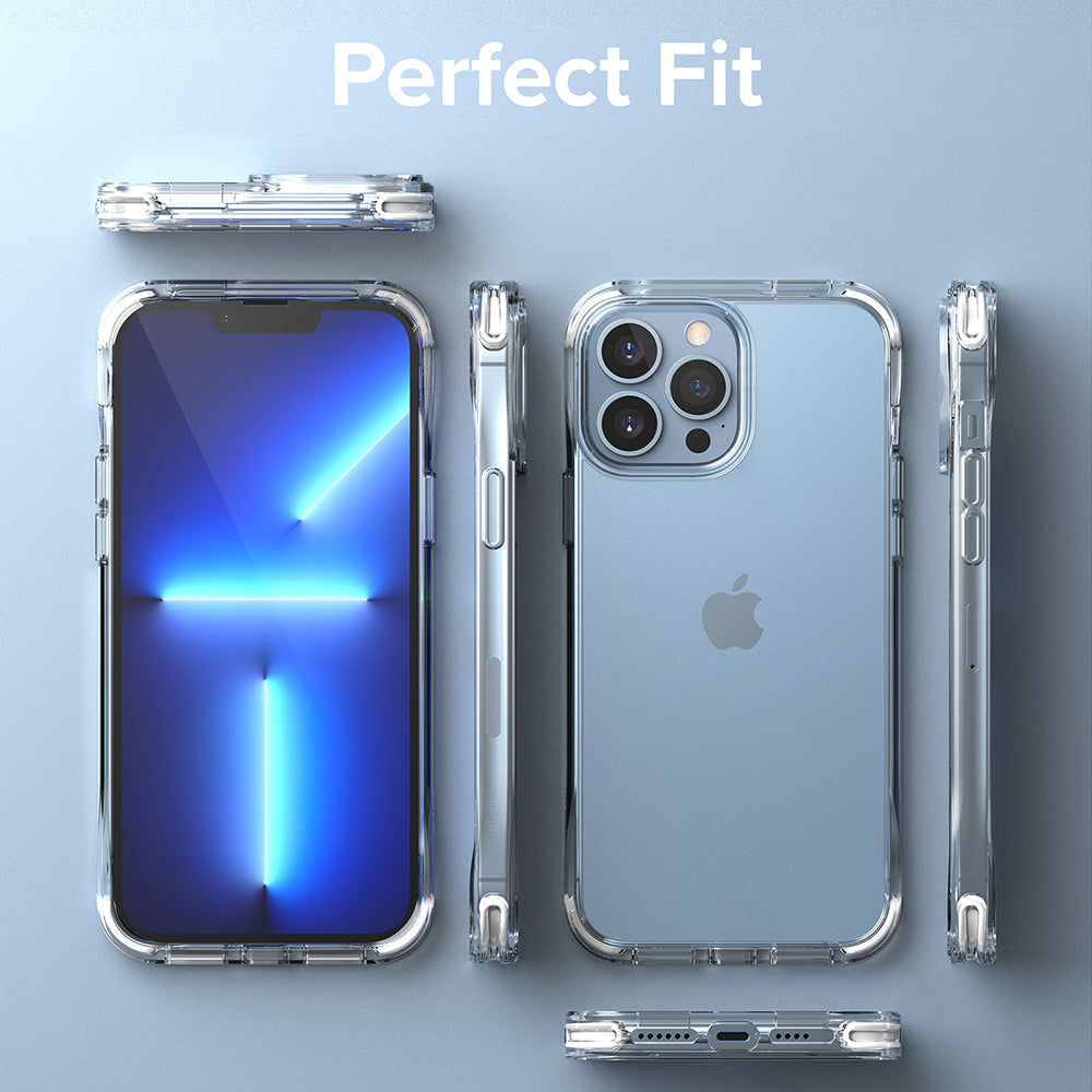 iPhone 13 Pro Max Case | Fusion Plus - Multiple views of a clear phone case on a blue background with Perfect Fit text.