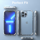 iPhone 13 Pro Max Case | Fusion Plus - Multiple views of a clear phone case on a blue background with Perfect Fit text.