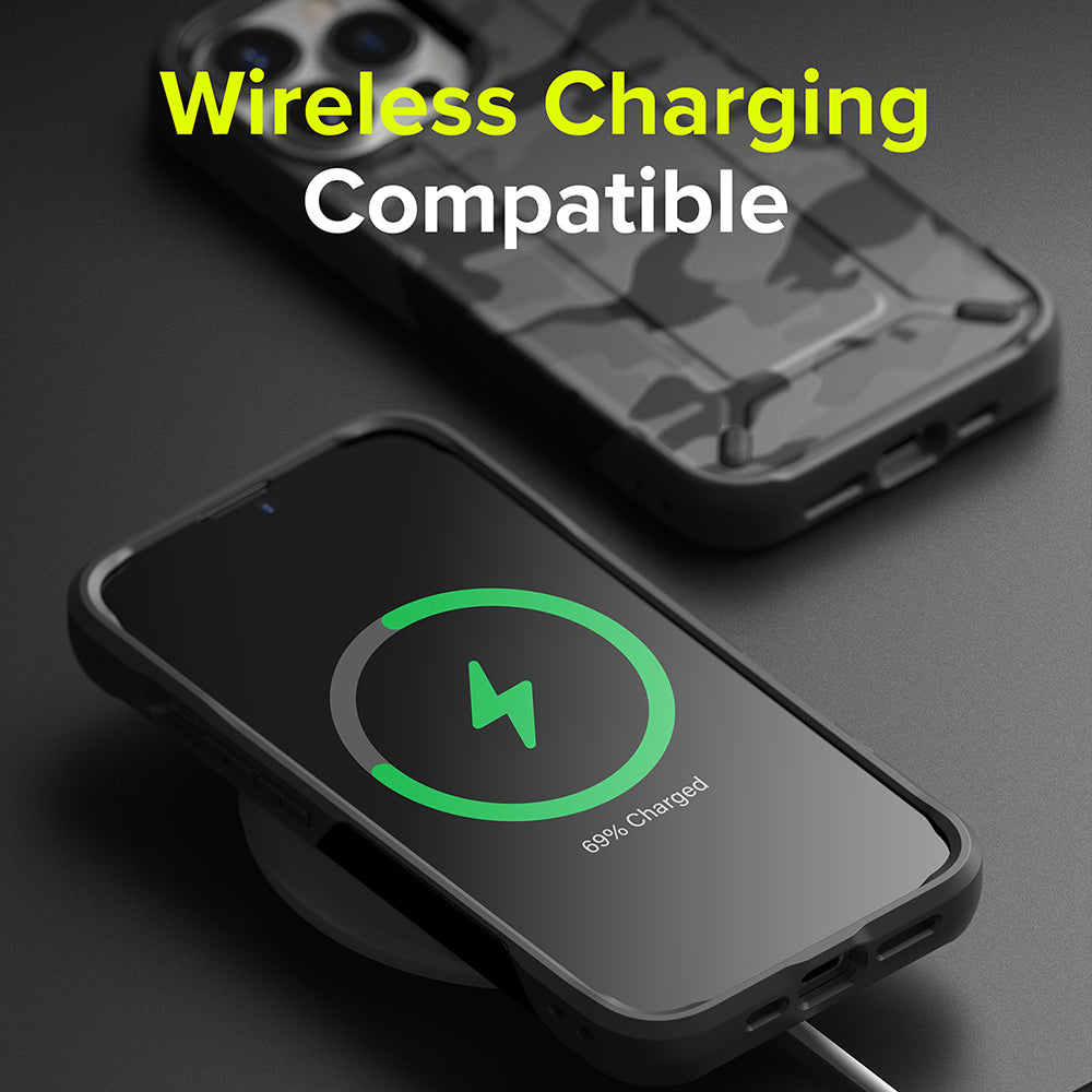 iPhone 13 Pro Case | DX - iPhone 13 Pro in a camo case wirelessly charging with a green battery icon on the screen.