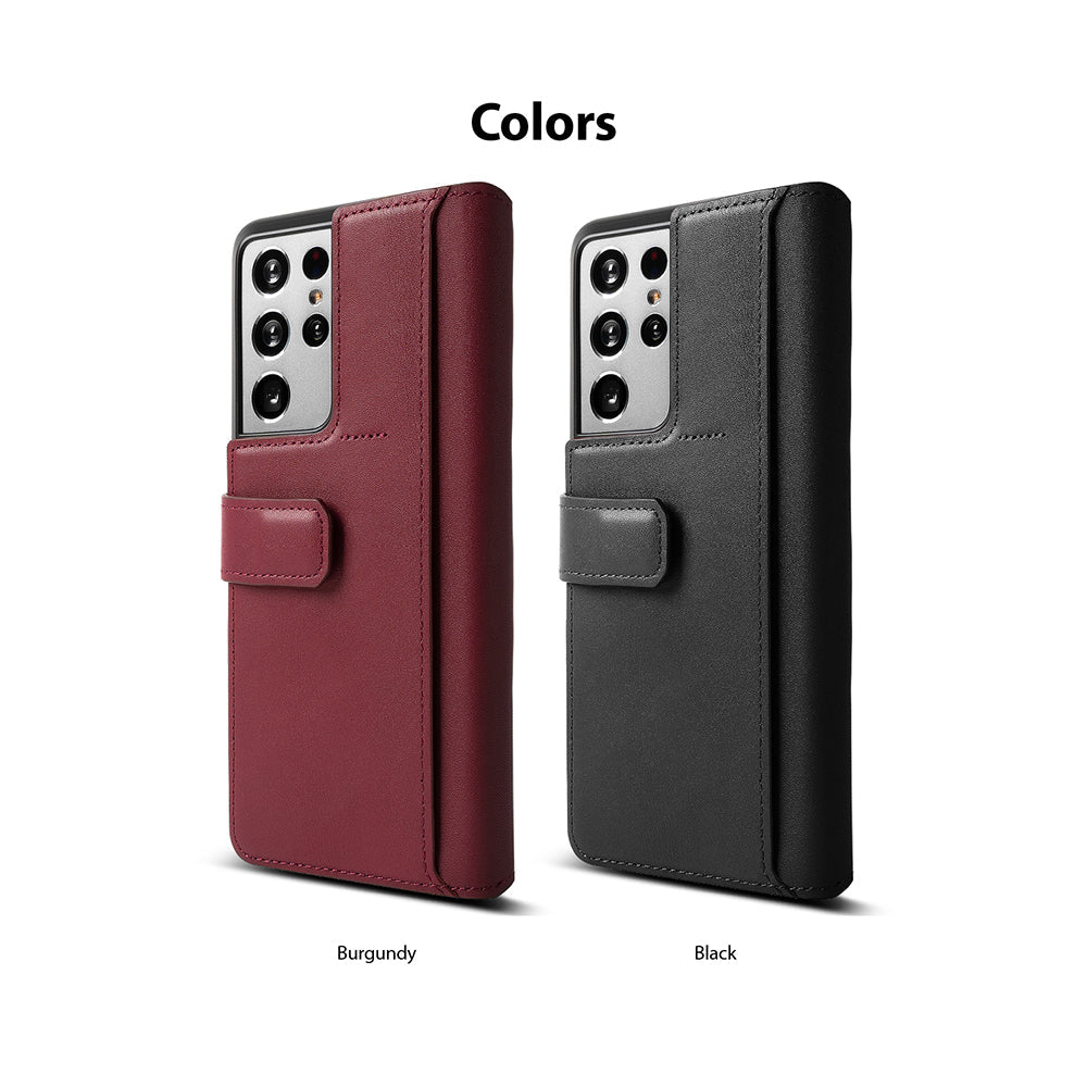 Galaxy S21 Ultra Case | Folio Signature+ - Burgundy and black leather folio cases for Galaxy S21 Ultra side-by-side.