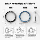 Galaxy Watch 4 Classic 46mm | Bezel Styling - Galaxy Watch 4 Classic 46mm - Bezel styling installation guide showing front, back, and side views with three-step instructions.