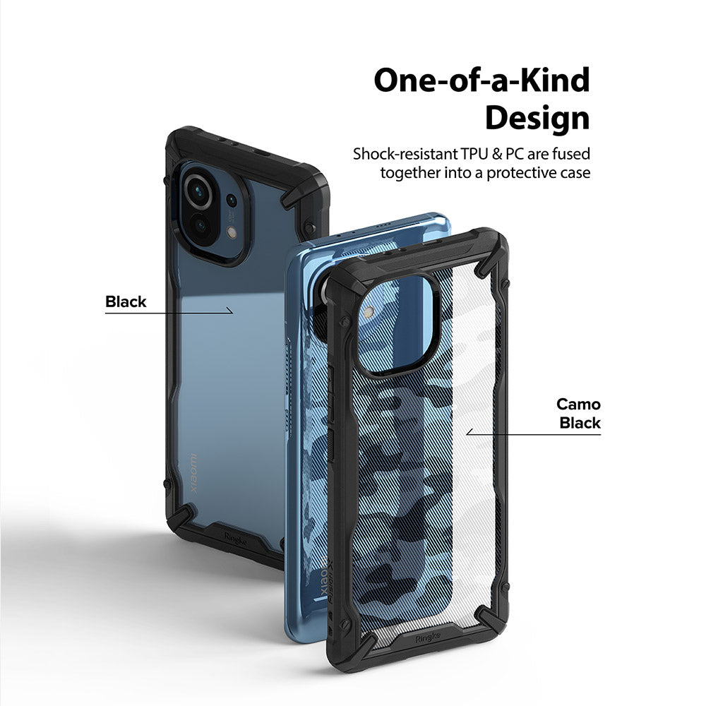 Mi 11 Case | Fusion-X - Two Mi 11 Fusion-X cases in Black and Camo Black with shock-resistant TPU and PC design.