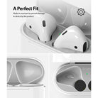Ringke Airpods 2 / 1 Dust Guard Sticker - AirPods in a charging case with a metallic dust guard sticker applied.