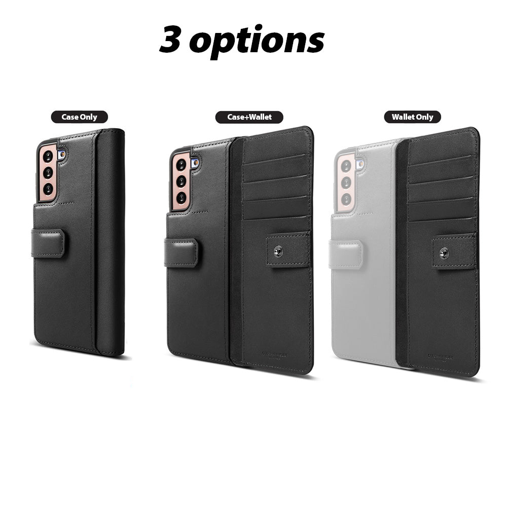 Galaxy S21 Plus Case | Folio Signature+ - Three product variations showing Case Only, Case+Wallet, and Wallet Only.
