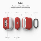 AirPods 3 Silicone Case | Ice Box - Dimensions diagram showing red silicone case, charging port, and carabiner.