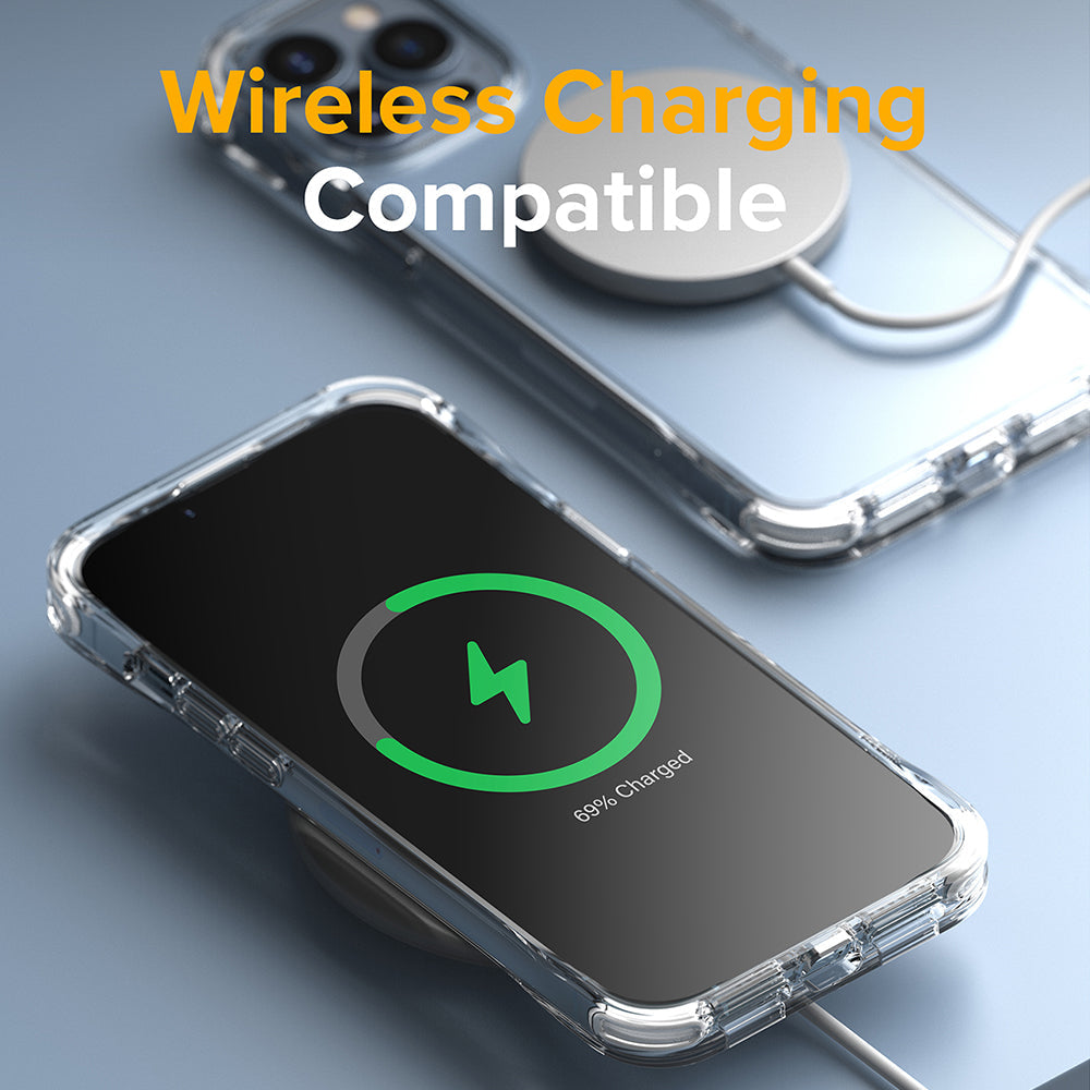 iPhone 13 Pro Max Case | Fusion Plus - Clear phone case on a wireless charger showing a 69% charge icon on the screen.