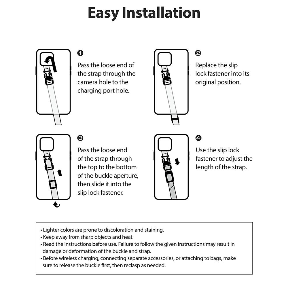 iPhone 13 Pro Max Case | Fusion Plus - Four-step diagram illustrating how to install a phone strap through a case.