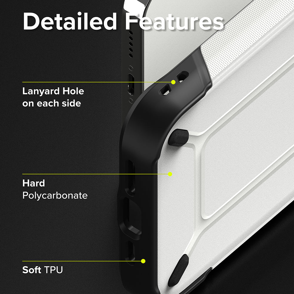 iPhone 13 Pro Case | DX - Close-up of phone case highlighting lanyard holes, hard polycarbonate, and soft TPU materials.