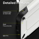 iPhone 13 Pro Case | DX - Close-up of phone case highlighting lanyard holes, hard polycarbonate, and soft TPU materials.