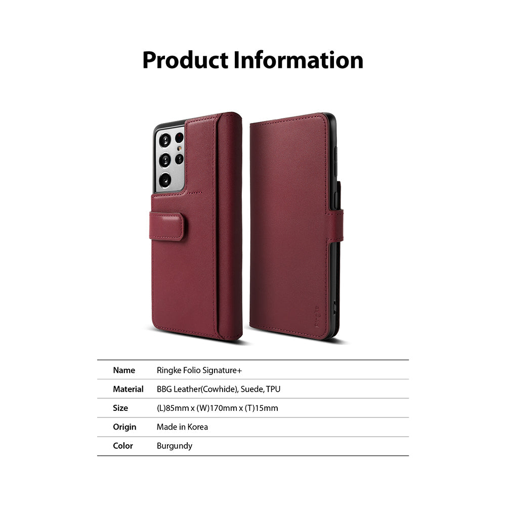 Galaxy S21 Ultra Case | Folio Signature+ - Burgundy leather folio case for Galaxy S21 Ultra with product specs table.
