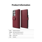 Galaxy S21 Ultra Case | Folio Signature+ - Burgundy leather folio case for Galaxy S21 Ultra with product specs table.