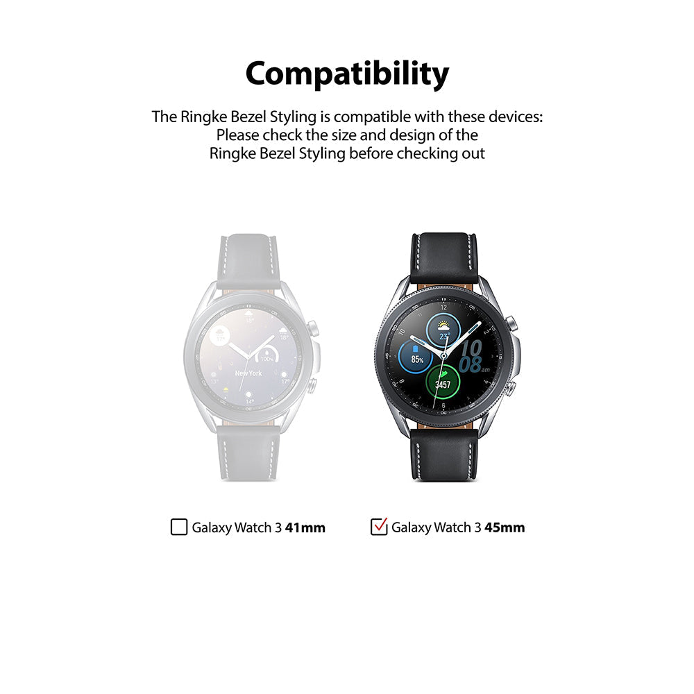 Galaxy Watch 3 (45mm) | Bezel Styling - Comparison chart showing 41mm and 45mm Galaxy Watch 3 models with a checkmark on 45mm.
