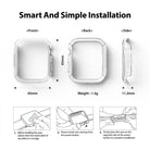 Apple Watch 9 / 8 / 7 (45mm) Case | Slim - Diagrams showing dimensions and three-step installation guide for a clear watch case.