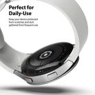 Galaxy Watch 5/4 40mm | Bezel Styling - Close-up of a silver smartwatch with a white band, highlighting the protective casing.