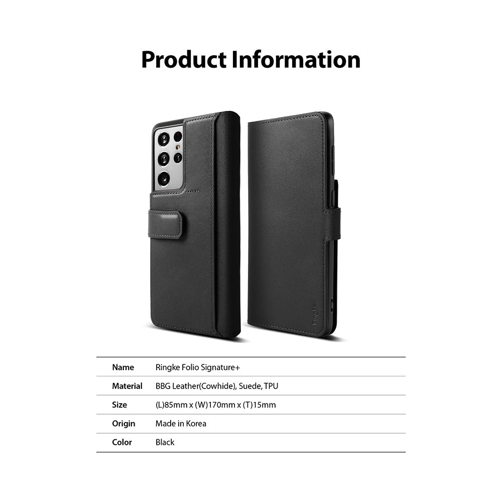 Galaxy S21 Ultra Case | Folio Signature+ - Black leather folio case for Galaxy S21 Ultra with product specifications table.