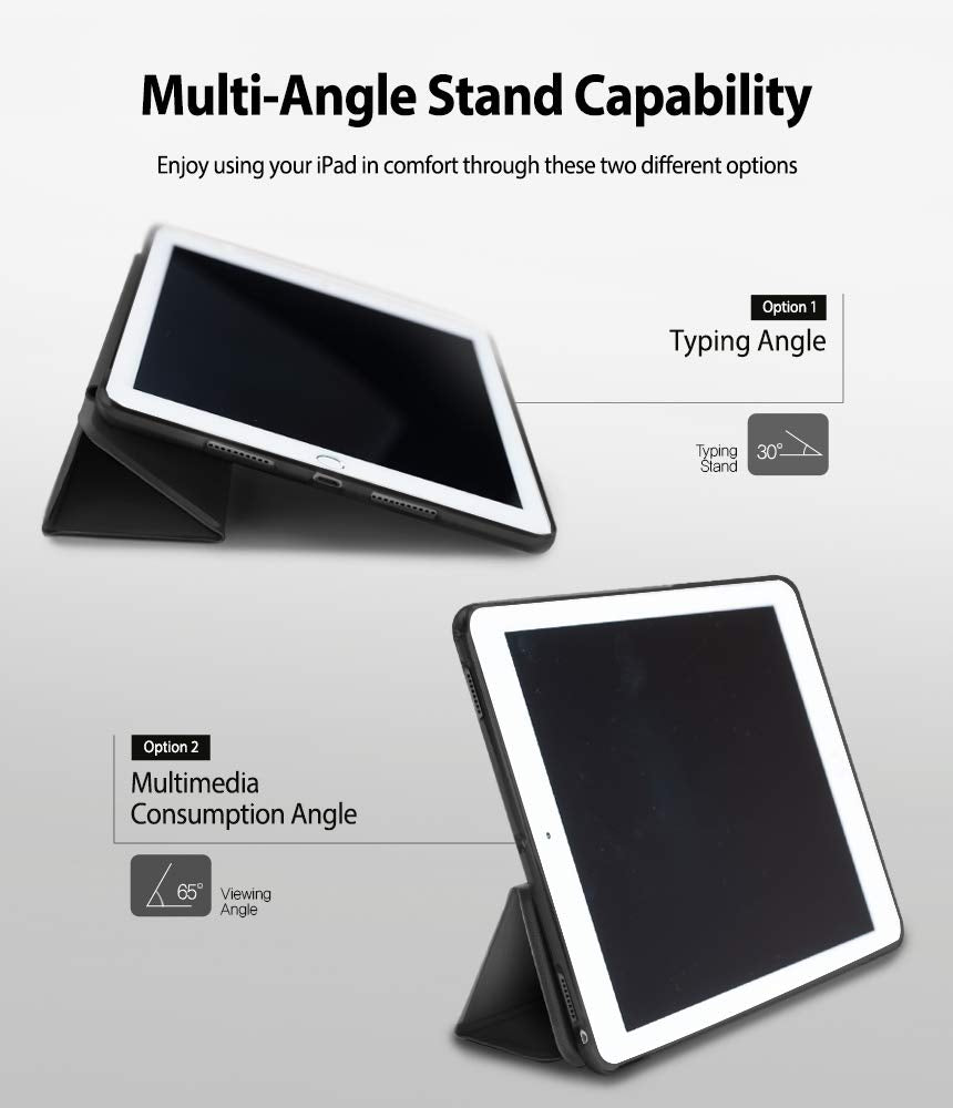 Smart Cover Clear Slim Stand | iPad - iPad in a black case shown at a 30-degree typing angle and a 65-degree viewing angle.