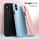 iPhone X Case | Slim + Slot Card Holder - Three slim Ringke phone cases in black, light blue, and pink standing upright.
