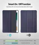 Smart Cover Clear Slim Stand | iPad - Two views of a dark blue iPad case showing automatic sleep/wake functionality.