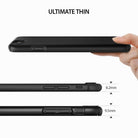 iPhone 8 / 7 Case | Slim - A hand holds a thin black phone case, with diagrams comparing its 8.2mm and 9.5mm thickness.