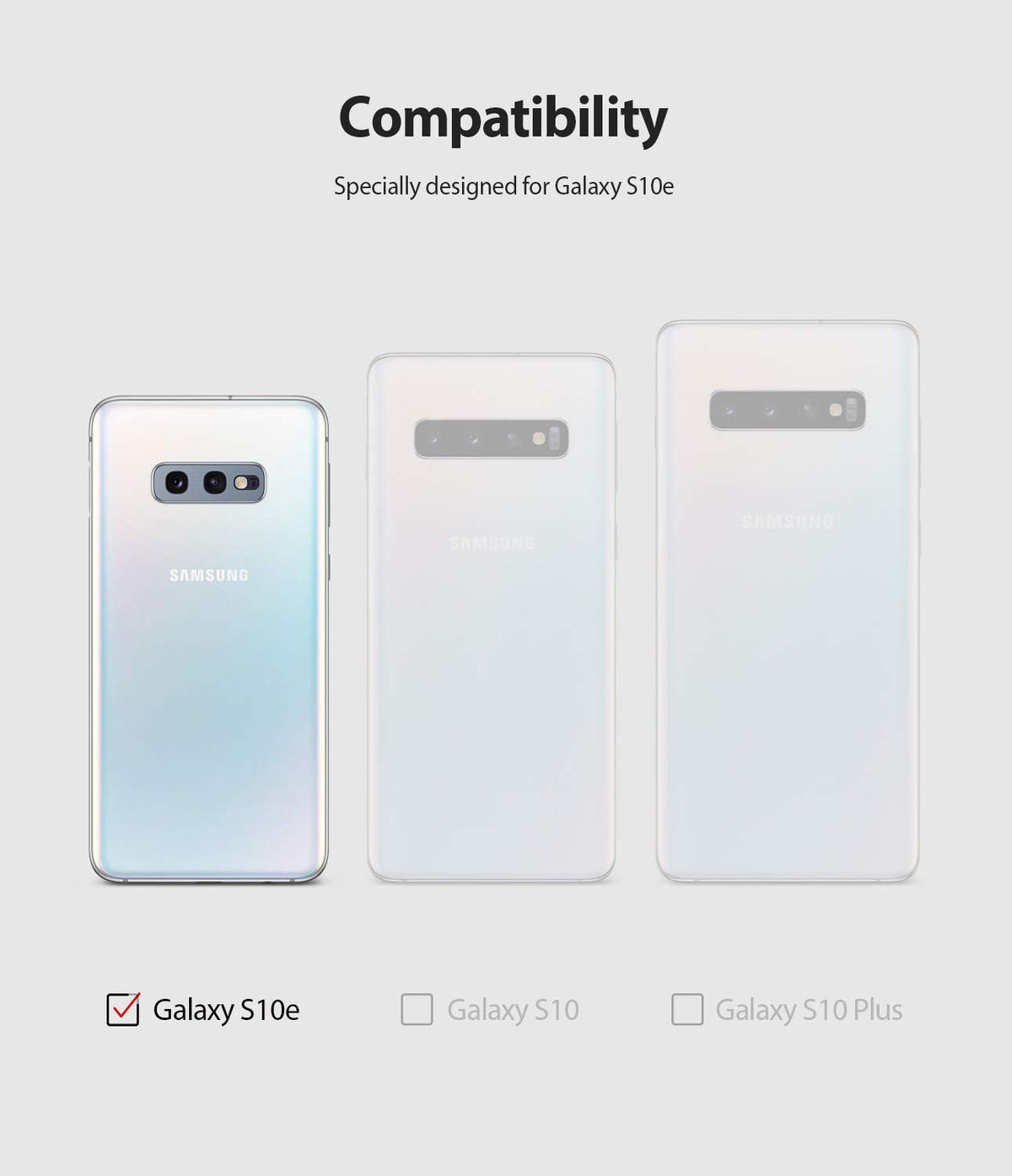 Galaxy S10e Case | Fusion-X - Compatibility chart showing Galaxy S10e selected over S10 and S10 Plus models.