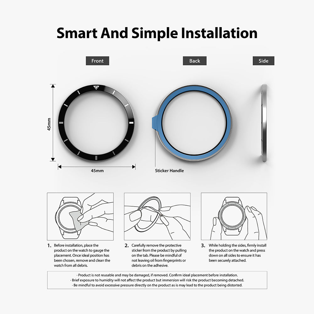 Galaxy Watch 3 (45mm) | Bezel Styling - Three-step installation guide showing front, back, and side views of the bezel ring.