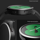 Galaxy Watch 5/4 40mm | Bezel Styling - Close-up of a smartwatch bezel showing a raised edge, tailored button cutouts, and engraved metal texture.
