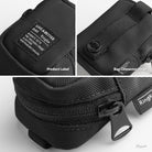 Mini Pouch | Block - Close-up views of a black textured pouch showing a branded fabric label, connector strap, and zipper.