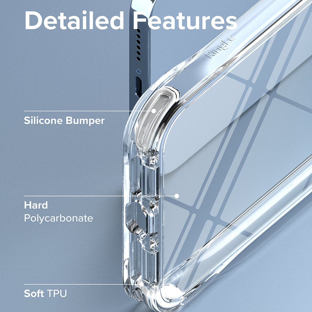 iPhone 13 Pro Max Case | Fusion Plus - Close-up of clear phone case highlighting silicone, polycarbonate, and TPU materials.