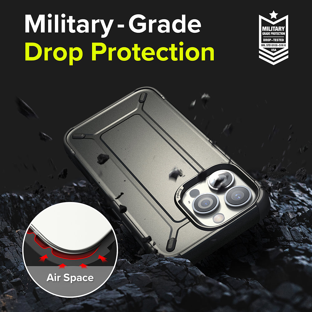 iPhone 13 Pro Case | DX - Rugged phone case on dark debris with a circular inset highlighting internal air space protection.