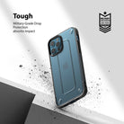 iPhone 12 / 12 Pro Case | [UX] - Blue iPhone 12 case with military-grade drop protection, shown against a white background with debris.