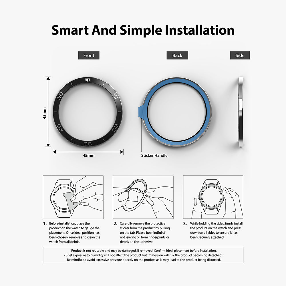 Galaxy Watch 3 (45mm) | Bezel Styling - Diagrams showing the bezel's front, back, and side views with 3-step installation.