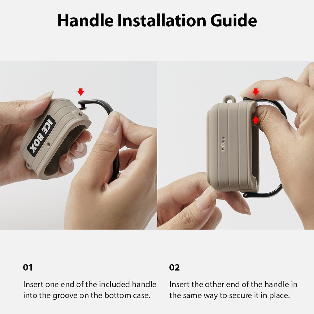 AirPods 3 Silicone Case | Ice Box - Two-step guide showing hands attaching a black handle to a beige silicone case.